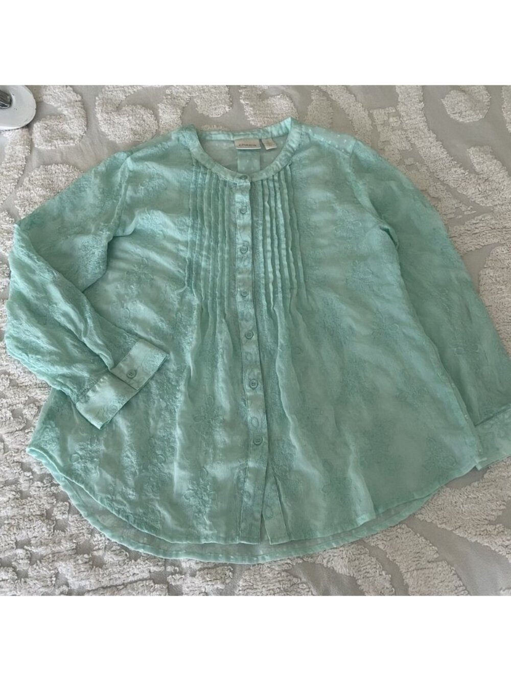 Chico's Kandyce Sheer Tab Sleeve Blouse 2 Aqua Embroidery Swiss Dot Resort Fairy